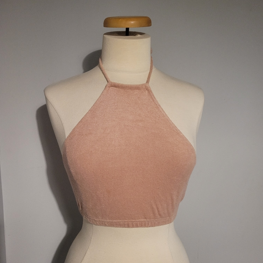 Top Shop Women's Halter Neck Velvet Crop Top - Tan Size 6